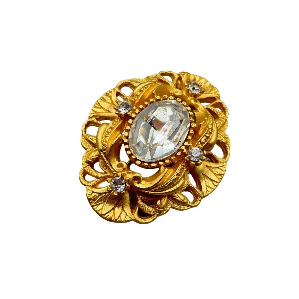 Vintage Matte Gold Tone Brooch Very Ornate Oval Design with Clear Rhinestones